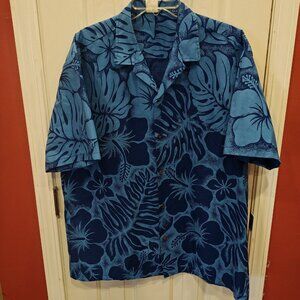 Vintage Smart Design Shirt Mens XL Blue Hawaiian Flor Hibiscus Aloha Button Up